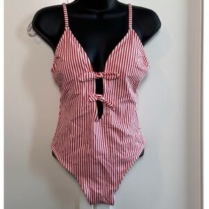 Xhilaration Red White Stripe Plunge One Piece Swimsuit Women's Size L